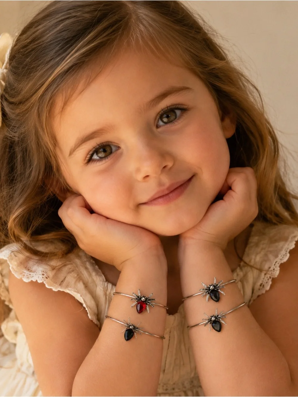 Silver Hoop Bracelet with Red or Black Spider Charm - Kids Jewelry